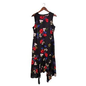 Calvin Klein Floral Midi Dress Women 10 Black Excellent Poppy Handkerchief Hem